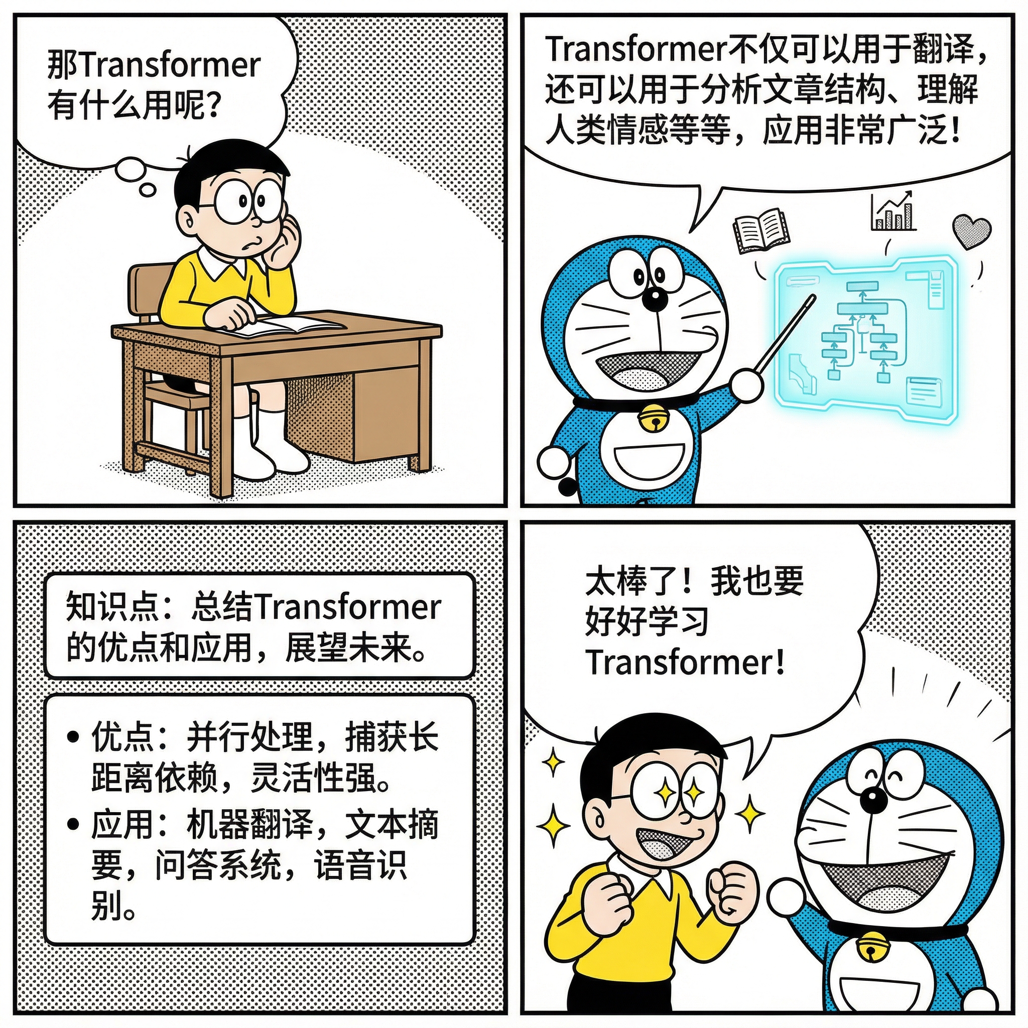 生成一张漫画 大雄:那Transformer有什么用呢? 哆啦A梦:Transformer不仅可以用于翻译,还可以用于分析文章结构、理解人类情感等等,应用非常广泛! 知识点:总结Transformer