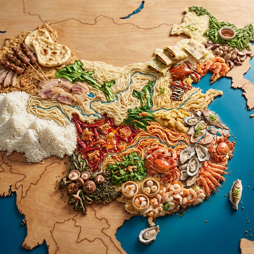一个微缩食景 (Foodscape) 模型风格的中国地图。整个中国的地形地貌都被各地著名的标志性食材和菜肴纹理所替代。
细节要求:
这张地图在物理上看起来就像是用真实的食材手工搭建的巨大模型。