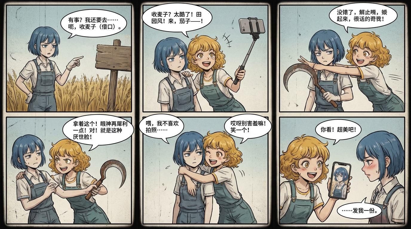 生成一张9:16 竖屏的四格漫画,保持原图的胶片颗粒感和低饱和度的色调 \n\n【角色1】:蓝发短发少女(社恐,想独处)。\n【角色2】:金发卷发少女(社牛,充满活力,拿着自拍杆)。\n\n【分镜内容