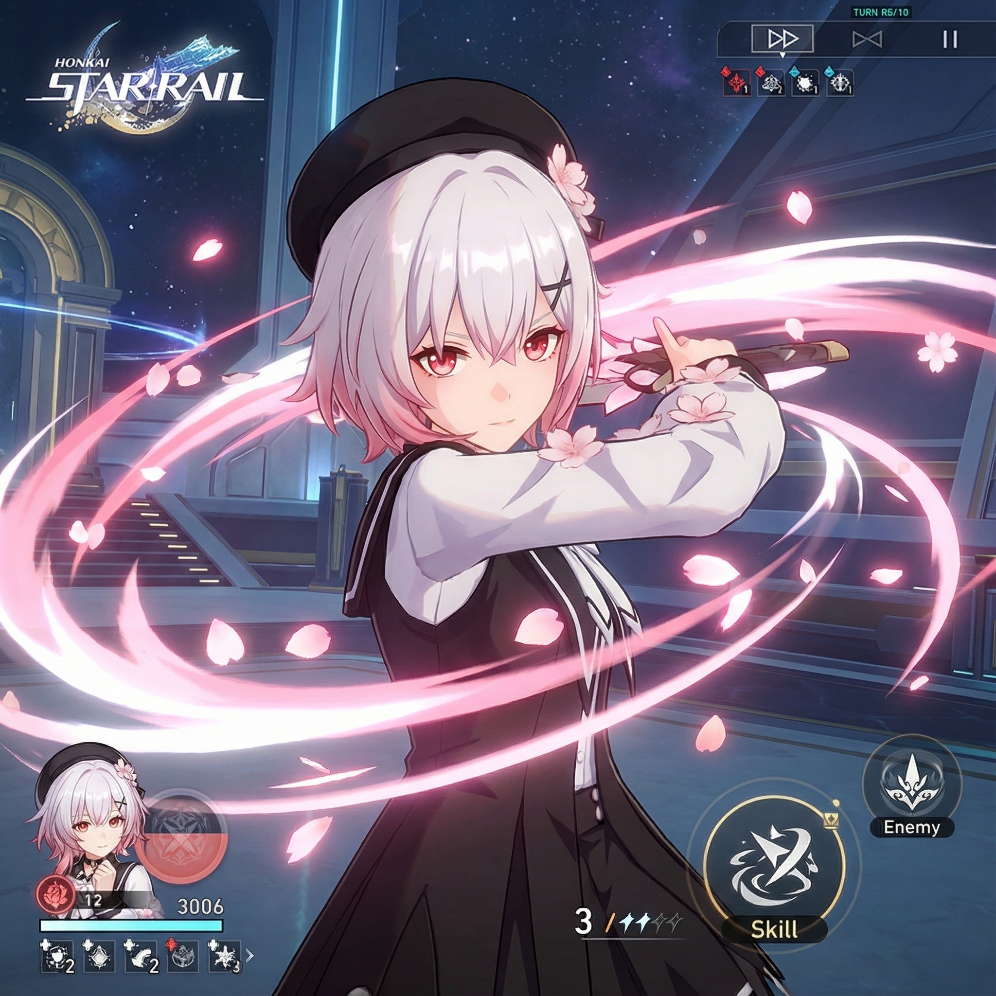 请为我生成使这个角色出现在游戏【崩坏:星穹铁道】中战斗画面的图像(包括UI设计),人物应符合游戏本身的画风,呈现3D感,人物使用战技镜头给予上半身一个炫酷动作特写。图1为女性角色。角色头饰配件不可丢失