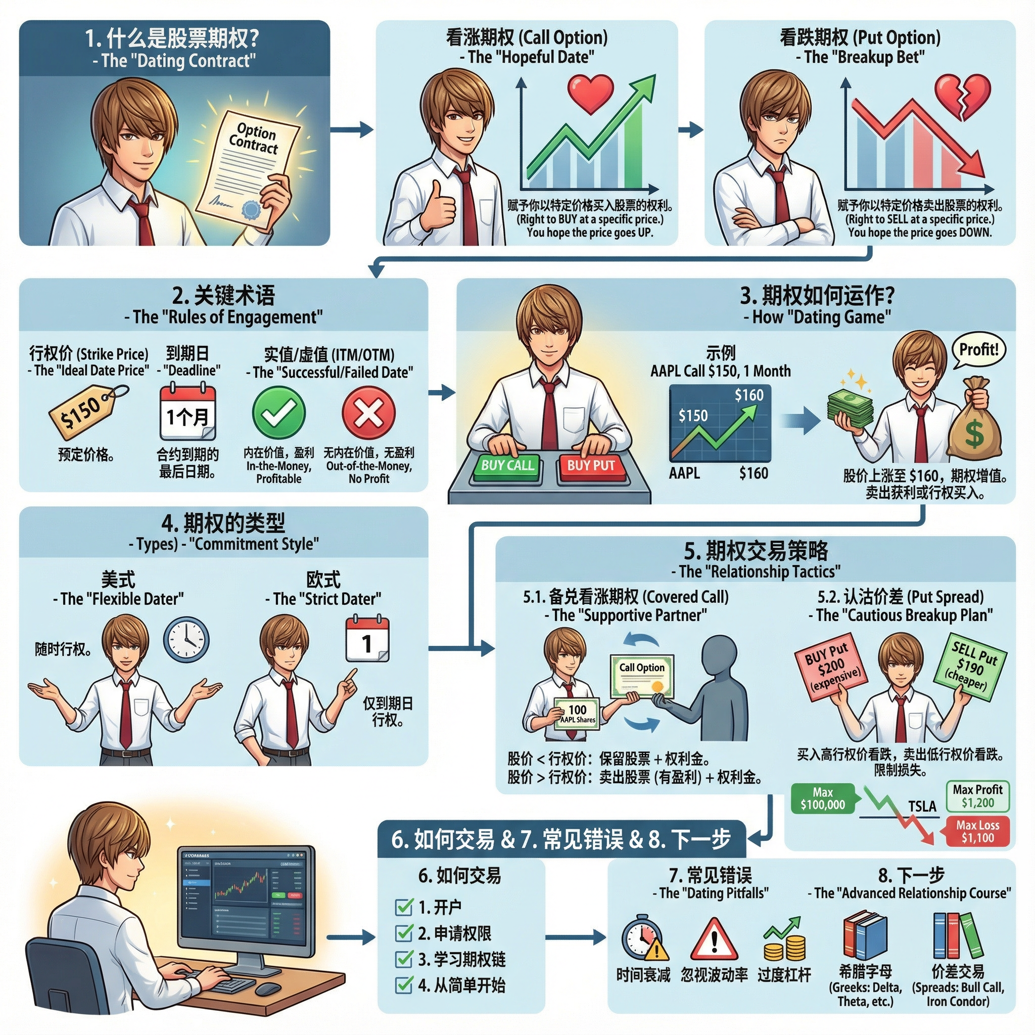 1. 什么是股票期权?\n\n股票期权是一种合约,赋予你在特定时间之前以预定价格买入或卖出某只股票的权利(但没有义务)。\n\n看涨期权(Call Option) 赋予你以特定价格买入股票的权利。\n