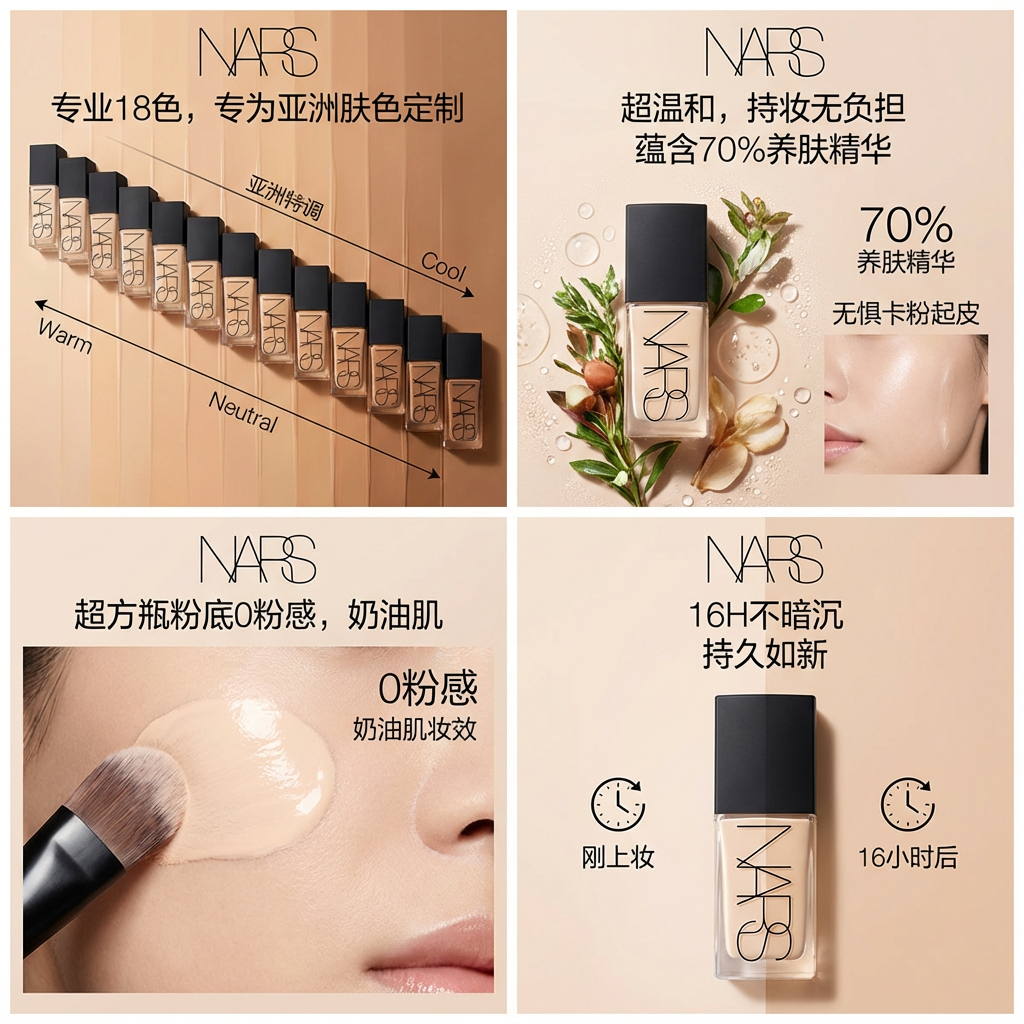 这件商品是【多色可选】NARS超方瓶流光美肌粉底液 30ml】。商品的种草文案是【"专业18色,专为亚洲肤色定制","超温和,持妆无负担,蕴含70%养肤精华,无惧卡粉起皮","超方瓶粉底0粉感,奶油肌