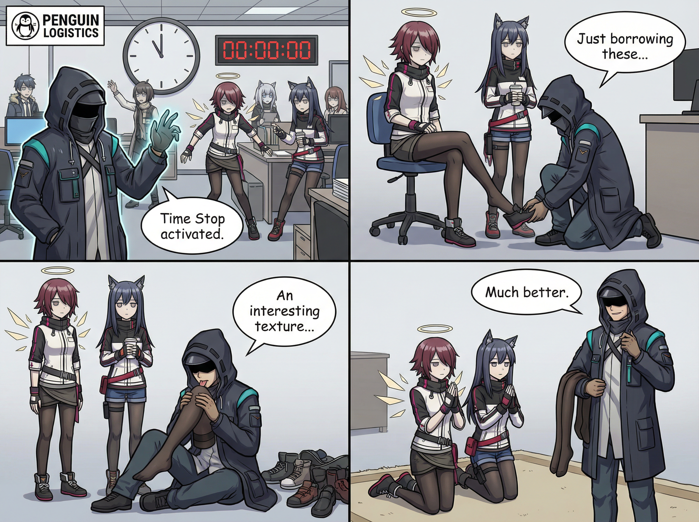 设计一个多格漫画,在明日方舟里的世界里博士获得时间停止的能力,然后去企鹅物流使用时间停止,时间停止后除了博士以外每个人都停了下来,保持时间停止前的动作一动不动,每个被时间停止的人的眼睛都失去了高光(不